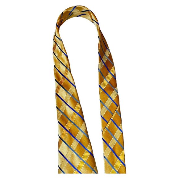 Vintage Wide Silk Tie Preswick and Moore Gold Blue Plaid Classic Retro Necktie - Picture 2 of 9